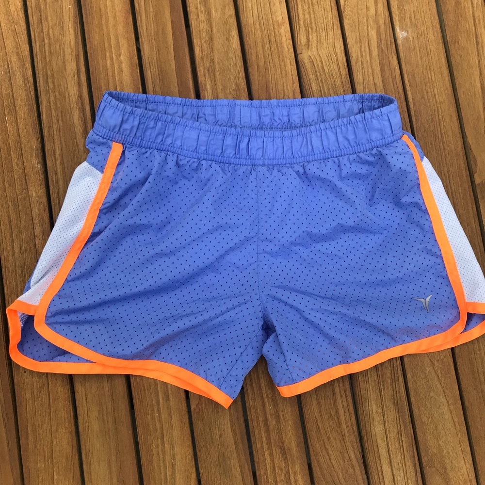 indigo + neon orange athletic shorts